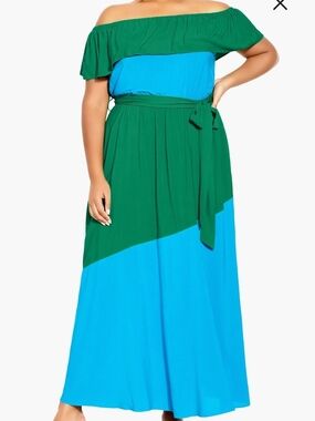 City Chic Green and Blue One-Shoulder Maxi Dress